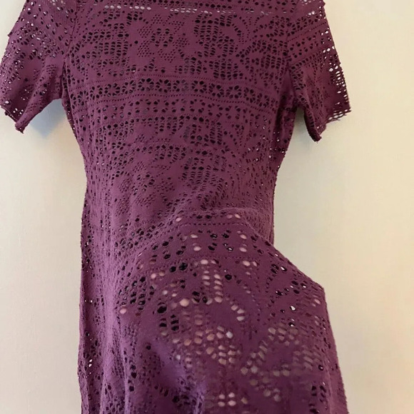 Free People Beach Women Purple A Line Dress S Short Sleeve Lace Floral Mock Neck - Picture 7 of 12